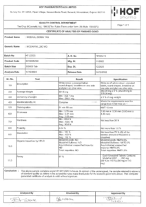 Generic Modafinil ModaXL 200mg Certificate of Analysis
